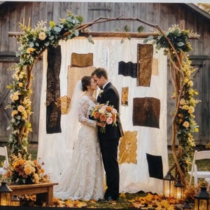 Custom Upcycled Patchwork Linen Backdrop | Rustic Green Woodland Wedding Baby Shower Decor, Vintage Arch