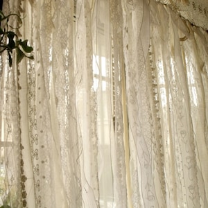 Custom White Romantic Lace atmosphere Window Curtain. Urban Chic Ribbon Rag Curtain. Vintage Crochet Lace Shower Curtain