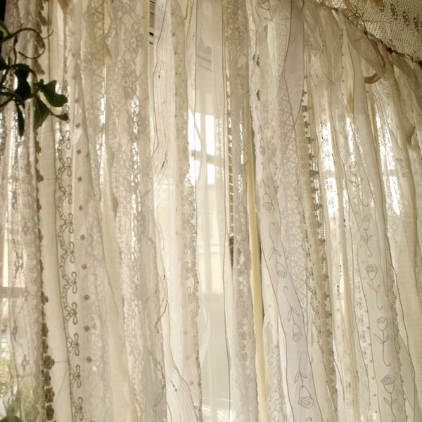 Custom White Romantic Lace atmosphere Window Curtain. Urban Chic Ribbon Rag Curtain. Vintage Crochet Lace Shower Curtain