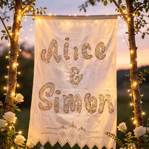 Gör-det-själv personlig linnebanderoll-sysats | Handbroderad bröllopsskylt med utskärning (UNIKT vintagetyg)