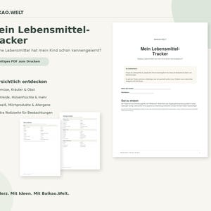 Könnte beinhalten: Ein sechseitiges, druckbares PDF-Dokument zur Lebensmittelverfolgung mit dem Titel Mein Lebensmittel-Tracker von BAIKAO.WELT. Das Dokument enthält Abschnitte zur Erfassung von Gemüse, Kräutern, Obst, Getreide, Hülsenfrüchten, Proteinen, Milchprodukten, Allergenen und Notizen.