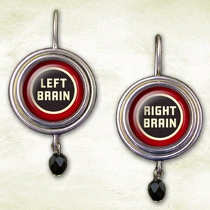 Witty Jewelry Earrings, Left Brain Right Brain Dangle Earrings, Funny Clever Word Play, Glass Image Button Earrings, Handmade Lightweight image 1
