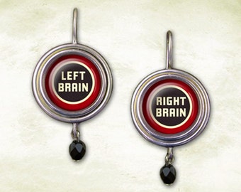 Witty Jewelry Earrings, Left Brain Right Brain Dangle Earrings, Funny Clever Word Play, Glass Image Button Earrings, Handmade Lightweight
