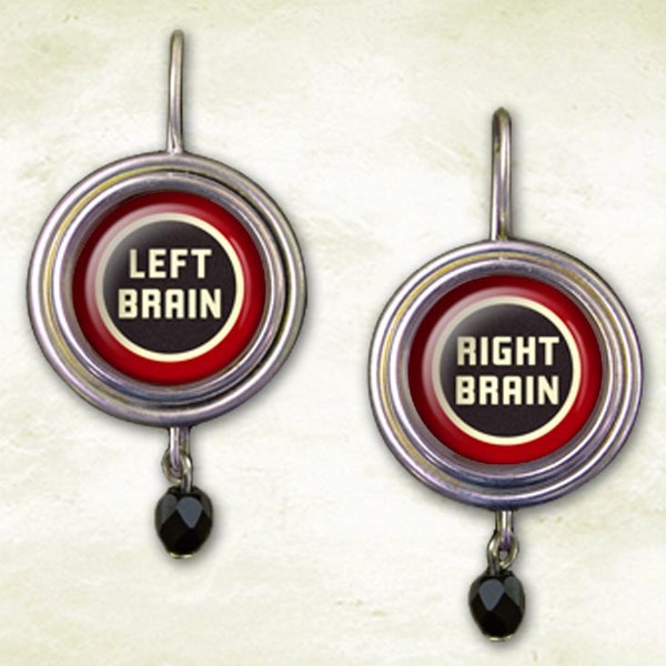 Witty Jewelry Earrings, Left Brain Right Brain Dangle Earrings, Funny Clever Word Play, Glass Image Button Earrings, Handmade Lightweight