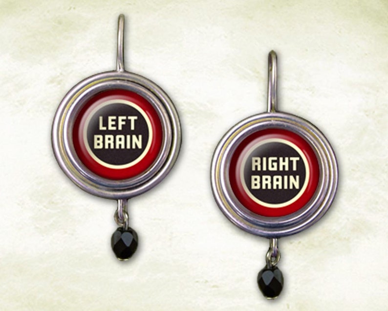 Witty Jewelry Earrings, Left Brain Right Brain Dangle Earrings, Funny Clever Word Play, Glass Image Button Earrings, Handmade Lightweight image 1