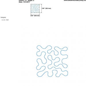May include: A digital embroidery design file named "quiltingmeander4inch.hus" with a Viking Husqvarna logo. The design features a blue, meandering, abstract pattern within a 99.0 x 99.0 mm square. The file includes stitch and size information.