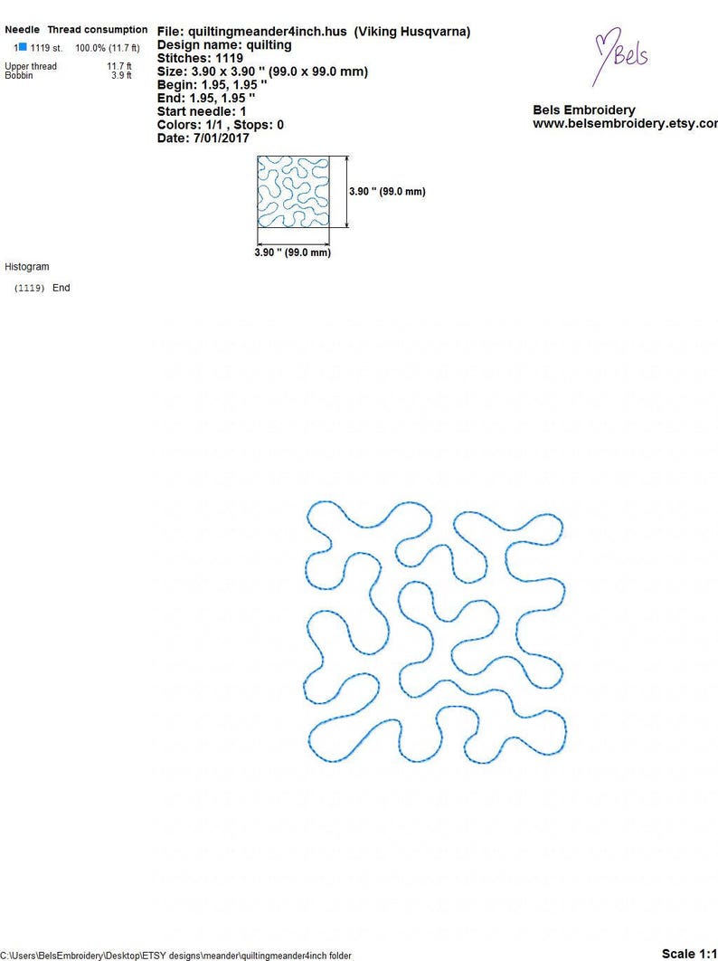 May include: A digital embroidery design file named "quiltingmeander4inch.hus" with a Viking Husqvarna logo. The design features a blue, meandering, abstract pattern within a 99.0 x 99.0 mm square. The file includes stitch and size information.