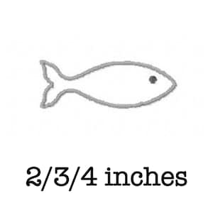 May include: A simple line drawing of a fish, approximately 2/3/4 inches in size.