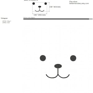 May include: A black and white embroidery design of a bear face. The design is 3.95 inches wide and 2.50 inches tall. The design is for a Viking Husqvarna embroidery machine. The design is called "bearface" and was created on June 21, 2019.