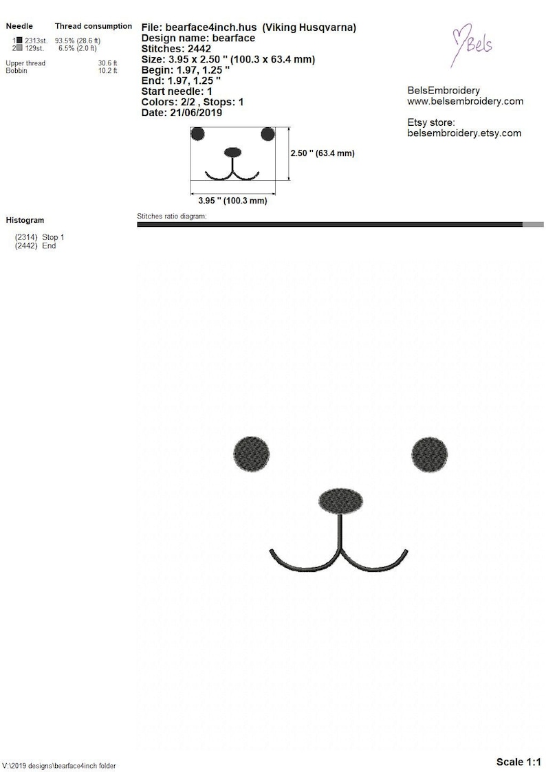 May include: A black and white embroidery design of a bear face. The design is 3.95 inches wide and 2.50 inches tall. The design is for a Viking Husqvarna embroidery machine. The design is called "bearface" and was created on June 21, 2019.