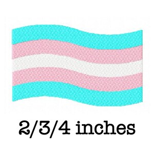 May include: A transgender pride flag with light blue, pink, and white stripes. The flag is wavy and measures 2, 3, or 4 inches.