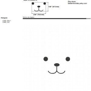 May include: A black and white embroidery design of a bear face with two black eyes, a black nose, and a black mouth. The design is 2.94 inches wide and 1.86 inches tall. The design is called "bearface" and was created on June 21, 2019.