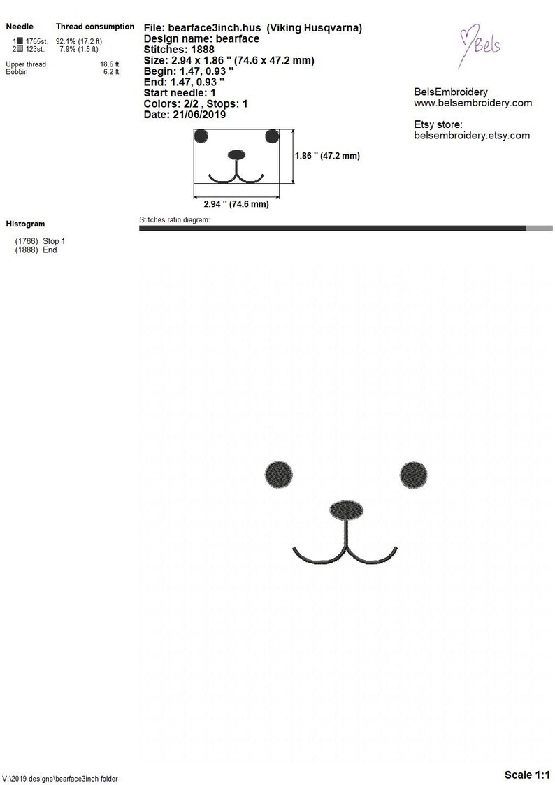 May include: A black and white embroidery design of a bear face with two black eyes, a black nose, and a black mouth. The design is 2.94 inches wide and 1.86 inches tall. The design is called "bearface" and was created on June 21, 2019.