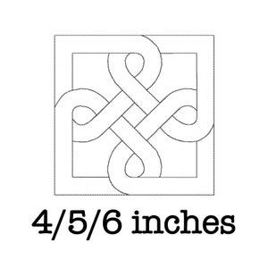 Puede incluir: Dibujo en blanco y negro de un nudo celta dentro de un marco cuadrado. La imagen incluye el texto "4/5/6 pulgadas".