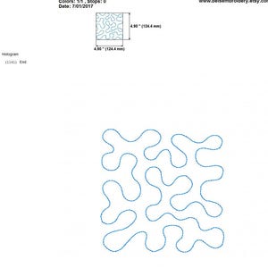May include: A digital quilting design named "quiltingmeander5inch.hus" with a size of 124.4 x 124.4 mm. The design features a continuous, meandering pattern in blue thread, suitable for machine embroidery or quilting projects.