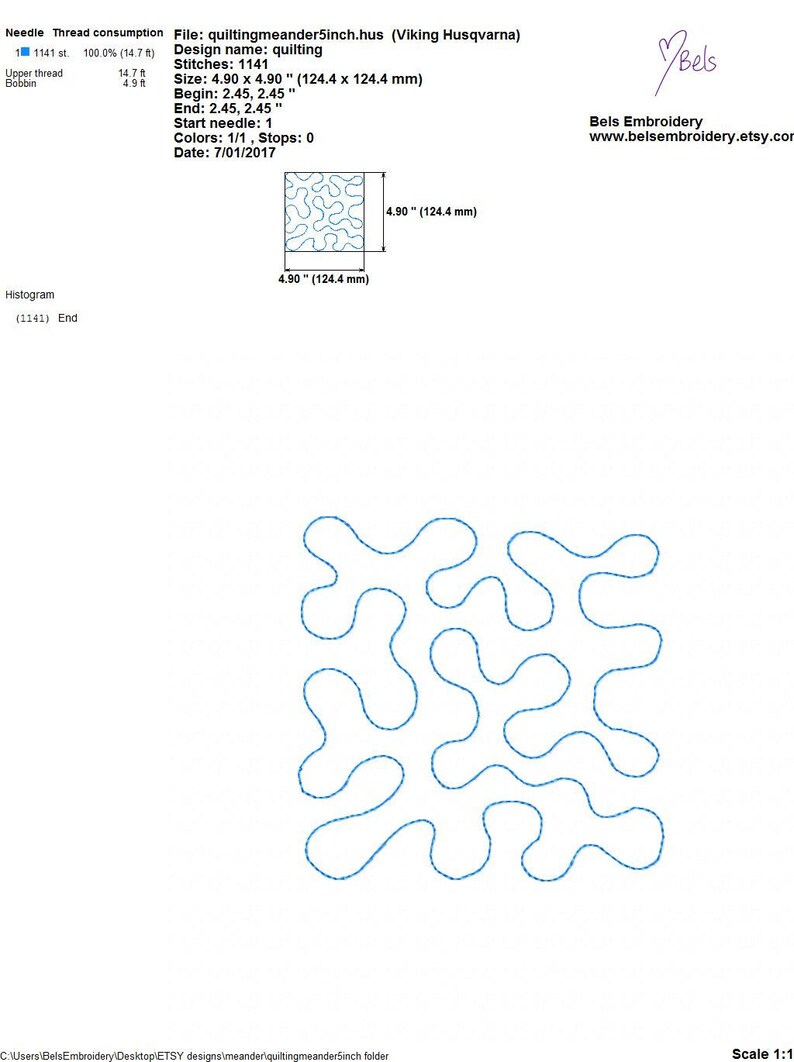 May include: A digital quilting design named "quiltingmeander5inch.hus" with a size of 124.4 x 124.4 mm. The design features a continuous, meandering pattern in blue thread, suitable for machine embroidery or quilting projects.