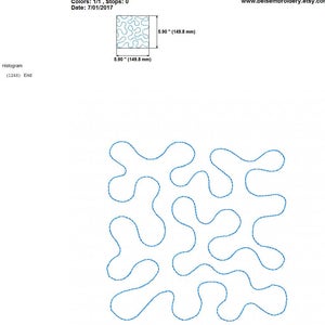 May include: A digital quilting design named "quiltingmeander6inch.hus" with a size of 149.8 x 149.8 mm. The design features a continuous, flowing pattern in blue thread, suitable for machine embroidery. The image includes technical details like stitches and thread consumption.