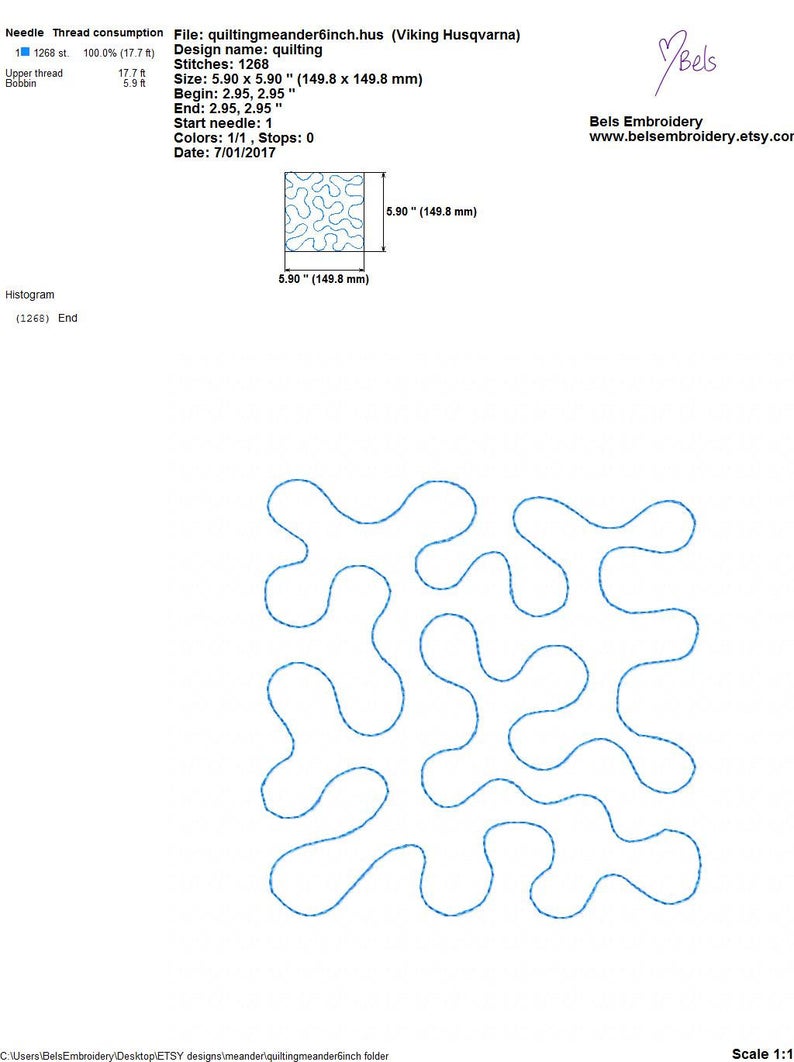 May include: A digital quilting design named "quiltingmeander6inch.hus" with a size of 149.8 x 149.8 mm. The design features a continuous, flowing pattern in blue thread, suitable for machine embroidery. The image includes technical details like stitches and thread consumption.