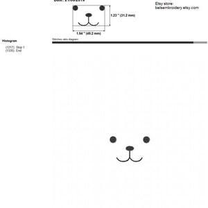 May include: Black and white embroidery design of a bear face. The design is 1.94 inches wide by 1.23 inches tall. The design is named "bearface" and was created on June 21, 2019.