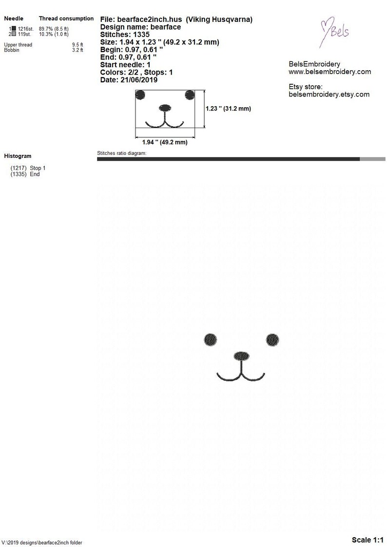 May include: Black and white embroidery design of a bear face. The design is 1.94 inches wide by 1.23 inches tall. The design is named "bearface" and was created on June 21, 2019.