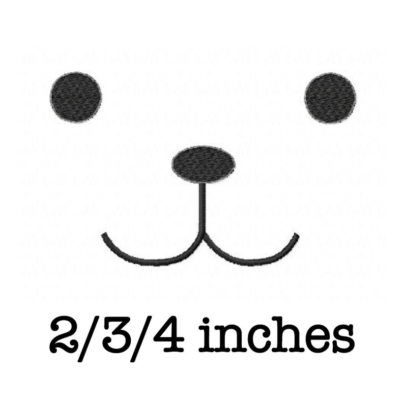 May include: Black and white embroidery design of a simple cartoon face with two eyes, a nose, and a smiling mouth. The design is available in 2, 3, and 4 inch sizes.