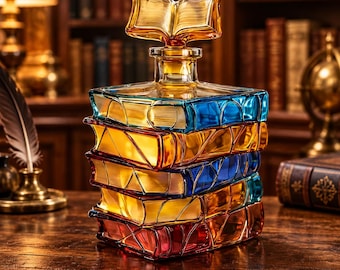 Puede incluir: Un decantador de cristal con forma de pila de cuatro libros y un tapón en forma de libro. El cristal presenta secciones alternas translúcidas de color azul, ámbar y rojo, creando un aspecto vibrante y multicolor con bordes definidos.