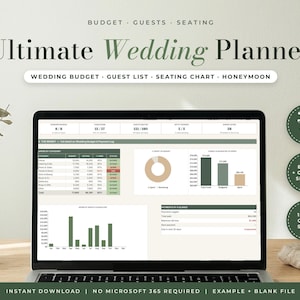 Puede incluir: Una plantilla digital de planificador de bodas en la pantalla de un portátil, con pestañas para presupuesto, lista de invitados y plano de asientos. La interfaz incluye tablas de datos, gráficos circulares y de barras en verde y beige.