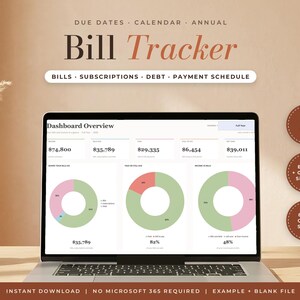 Puede incluir: Un rastreador de facturas digital en la pantalla de una computadora portátil con un panel de control, datos financieros, gráficos circulares y el texto Bill Tracker, Bills, Subscriptions, Debt, Payment Schedule, 6 Tabs.