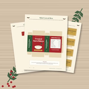 Könnte beinhalten: Ein druckbarer Bastelbogen mit einer Vorlage für eine Mini-Müslischachtel in Rot und Grün. Das Design enthält den Text Frosted Snowflakes, Elf Nutrition Facts und eine Schüsselgrafik. Weitere Blätter zeigen kleine rechteckige Schilder.