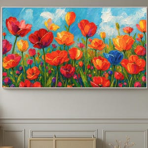 Bright Wildflower Oil Painting on Canvas Vibrant Red Orange and Yellow Blooms Art Colorful Floral Wall Art for Living Room Bedroom Decor