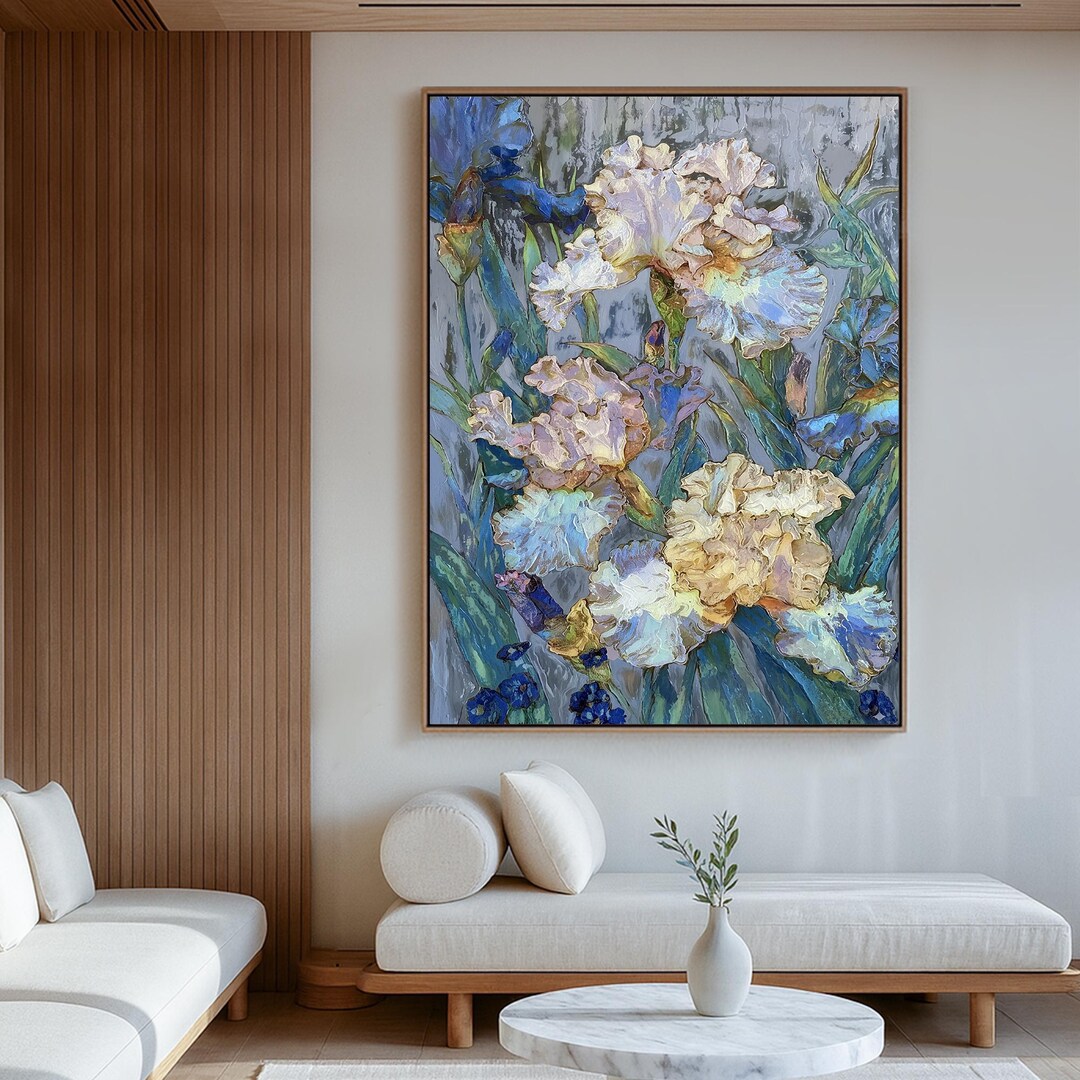 Original Textured Iris Oil Painting on Canvas: Floral Wall Art With ...