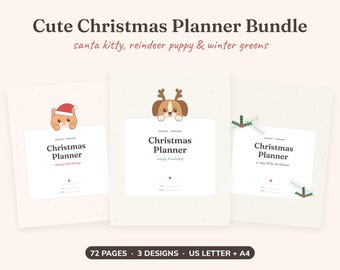 Może przedstawiać: Zestaw świątecznych planerów zawierający trzy wzory do druku, łącznie 72 strony. Każda strona zawiera napis Christmas Planner oraz ilustracje kota w czapce Mikołaja, szczeniaka z rogami renifera oraz zimowych gałązek z owocami.