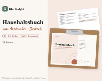 Może przedstawiać: Cyfrowy szablon budżetu domowego zatytułowany Haushaltsbuch, prezentowany na brązowym podkładzie z klipsem, z tekstem instruktażowym i 29-stronicowym układem w formatach A4, A5 i Letter. Projekt zawiera minimalistyczne kształty geometryczne i nagłówki.