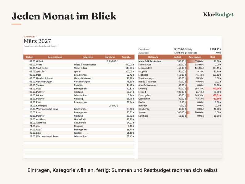 Haushaltsbuch Excel deutsch, Budgetplaner Vorlage mit automatischen Summen, Diagramm, Jahresübersicht, Finanzplaner xlsx image 2