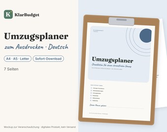 May include: A brown clipboard holding a seven-page moving planner document with the text KlarBudget Umzugsplaner zum Ausdrucken Deutsch A4 A5 Letter Sofort-Download 7 Seiten. The document features a blue circle graphic and a checklist.