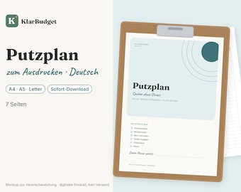Może przedstawiać: Brązowa podkładka z klipsem trzymająca siedmiostronicowy planer sprzątania zatytułowany Putzplan. Dokument ma jasnoniebieskie tło, ciemny turkusowy okrąg oraz tekst, w tym Wochenputzplan, Monatsputzplan i Raum-Checklisten.
