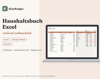 Może przedstawiać: Szablon cyfrowego narzędzia do śledzenia budżetu wyświetlany na ekranie laptopa, zawierający tekst KlarBudget, Haushaltsbuch Excel, rechnet automatisch, Excel, Google Sheets, Deutsch, 12 Monate, Jahresübersicht oraz Diagramme.