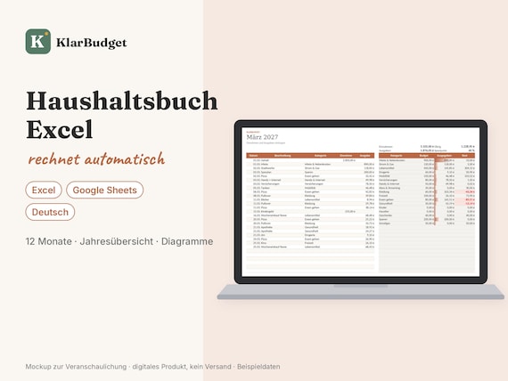 Haushaltsbuch Excel deutsch, Budgetplaner Vorlage mit automatischen Summen, Diagramm, Jahresübersicht, Finanzplaner xlsx