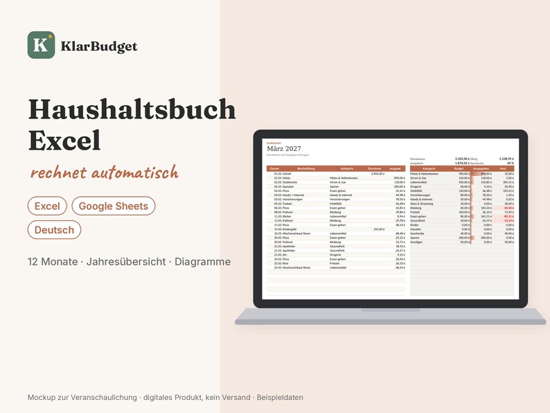 Haushaltsbuch Excel deutsch, Budgetplaner Vorlage mit automatischen Summen, Diagramm, Jahresübersicht, Finanzplaner xlsx image 1