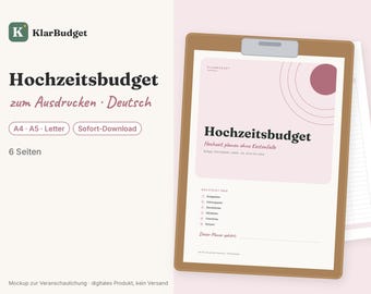 Może przedstawiać: Cyfrowy szablon planera budżetu ślubnego na podkładce z klipsem, z jasnoróżową okładką, ciemnoczerwonym kołem i tekstem Hochzeitsbudget, Hochzeit planen ohne Kostenfalle, Budget, Dienstleister, A4, A5 & US Letter.