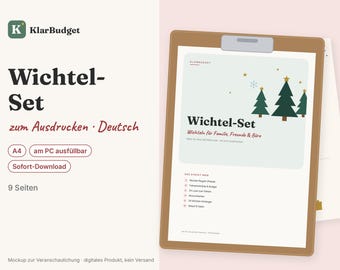 Może przedstawiać: Cyfrowy dokument do druku Wichtel-Set na podkładce. Strona zawiera zielone choinki, gwiazdki oraz tekst, w tym Wichtel-Set, Wichteln für Familie, Freunde & Büro i listę 9 stron. Dokument jest w formacie A4 i można go wypełnić na komputerze.