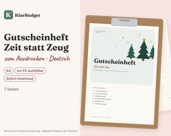 Może przedstawiać: Drukarka broszura z bonami podarunkowymi zatytułowana Gutscheinheft Zeit statt Zeug z grafiką choinki na okładce. Dokument jest w formacie A4, zawiera 7 stron i można go edytować na komputerze. Logo KlarBudget jest widoczne w lewym górnym rogu.