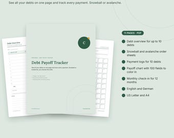Może przedstawiać: Zestaw plików PDF do druku Debt Payoff Tracker z jasną zieloną okładką, ciemnozielonym tekstem i okrągłym logo. Dokument zawiera arkusze przeglądu długów, rejestry płatności oraz tabelę spłat ze 100 polami do kolorowania.