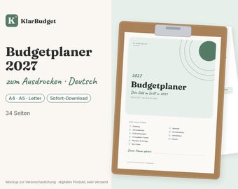 Może przedstawiać: 34-stronicowy planer budżetu do druku na rok 2027 na podkładce z klipsem. Okładka zawiera tekst 'KlarBudget', 'Budgetplaner 2027' oraz 'Dein Geld im Griff in 2027' z zielonym kołem i liniami na jasnym, zielonym tle.