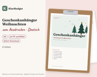 Może przedstawiać: Cyfrowy mockup produktu przedstawiający brązową podkładkę z klipsem i arkusz do druku z tytułem Geschenkanhänger oraz grafikami choinek. Tekst zawiera KlarBudget, 48 Anhänger für Weihnachten oraz szczegóły dotyczące 6-stronicowego dokumentu A4, który można wypełnić na komputerze.