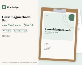 May include: A digital budget planner set titled Umschlagmethode with 18 pages. The document features a green circle graphic, text in German, and is displayed on a brown clipboard. It includes sections for instructions, monthly plans, trackers, and savings envelopes.