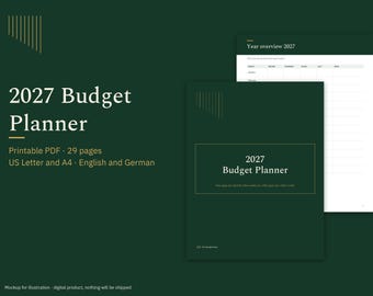 Może przedstawiać: Ciemnozielony planer budżetowy na rok 2027 w formie cyfrowej, zawierający stronę tytułową z napisem 2027 Budget Planner oraz stronę wewnętrzną z tabelą przeglądu rocznego. Dokument składa się z 29 stron w formatach US Letter i A4.