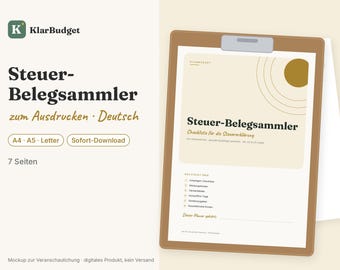 May include: A digital tax receipt organizer document titled Steuer-Belegsammler with a checklist for tax returns. The document features a gold circle graphic, a list of categories, and is displayed on a brown clipboard. It includes text for A4, A5, and Letter sizes.