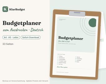 Może przedstawiać: Planer budżetu do druku na podkładce z klipsem, zawierający tekst KlarBudget, Budgetplaner oraz 33 Seiten. Dokument zawiera grafikę zielonego koła, listę sekcji oraz miejsce na wpisanie imienia, wszystko w przejrzystym układzie.