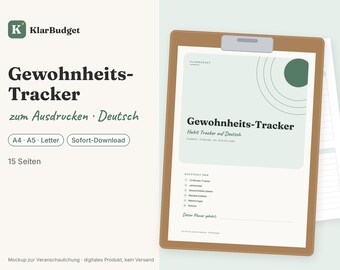 Może przedstawiać: Cyfrowy dokument do śledzenia nawyków zatytułowany Gewohnheits-Tracker w języku niemieckim, umieszczony na brązowej podkładce z klipsem. Strona zawiera zieloną grafikę koła, tekst o 15 stronach oraz formaty A4, A5 i Letter.